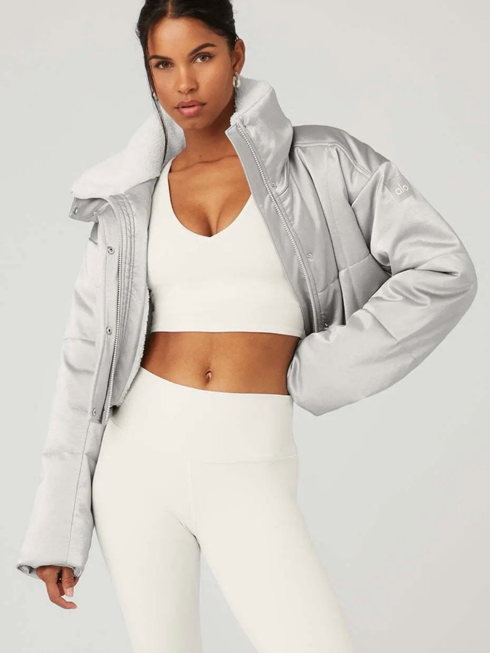 ALO Yoga Silver Cropped Sherpa-Trim Puffer Jacket
